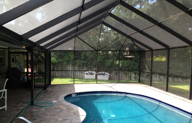 Gable roof pool enclosure by State Roofing I, LLC